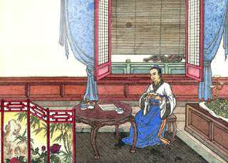 碧阑干外绣帘垂，猩色屏风画折枝。